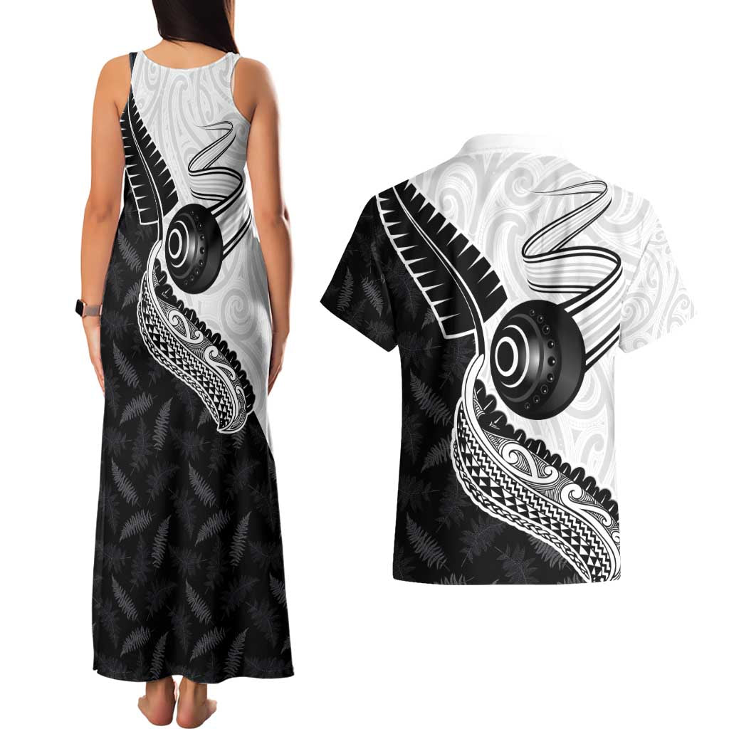 Personalised Aotearoa Lawn Bowls Couples Matching Tank Maxi Dress and Hawaiian Shirt Maori and Silver Fern Half Style - Polynesian Pride
