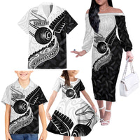 Personalised Aotearoa Lawn Bowls Family Matching Off The Shoulder Long Sleeve Dress and Hawaiian Shirt Maori and Silver Fern Half Style - Polynesian Pride