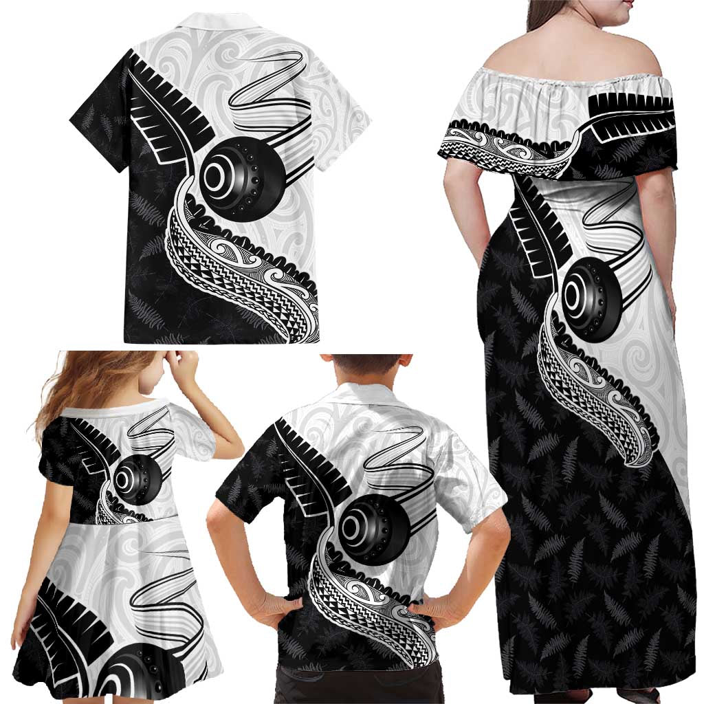 Personalised Aotearoa Lawn Bowls Family Matching Off Shoulder Maxi Dress and Hawaiian Shirt Maori and Silver Fern Half Style - Polynesian Pride