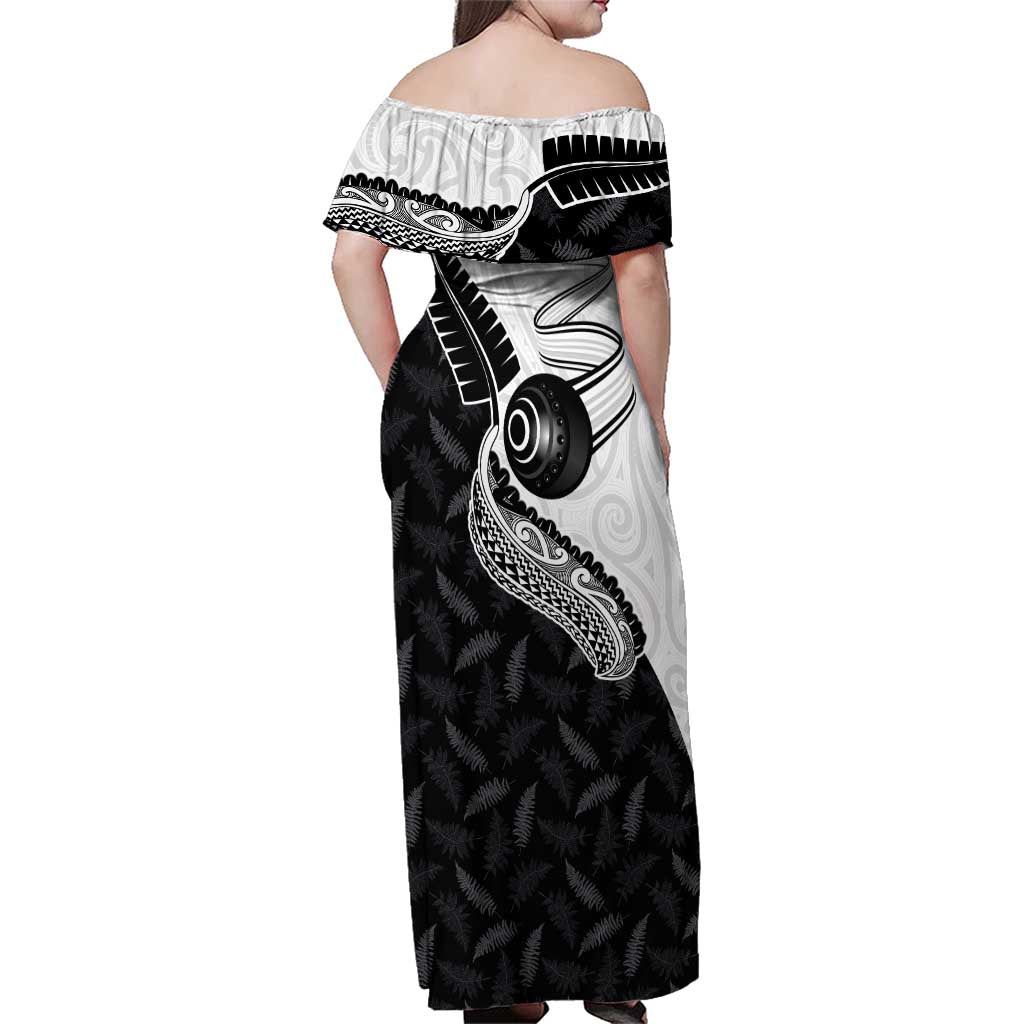 Personalised Aotearoa Lawn Bowls Family Matching Off Shoulder Maxi Dress and Hawaiian Shirt Maori and Silver Fern Half Style - Polynesian Pride