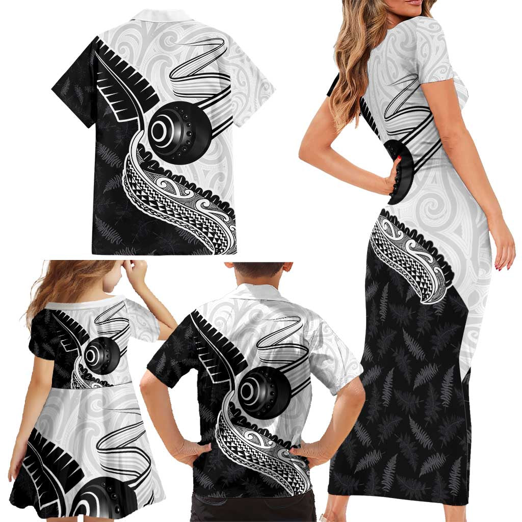 Personalised Aotearoa Lawn Bowls Family Matching Short Sleeve Bodycon Dress and Hawaiian Shirt Maori and Silver Fern Half Style - Polynesian Pride