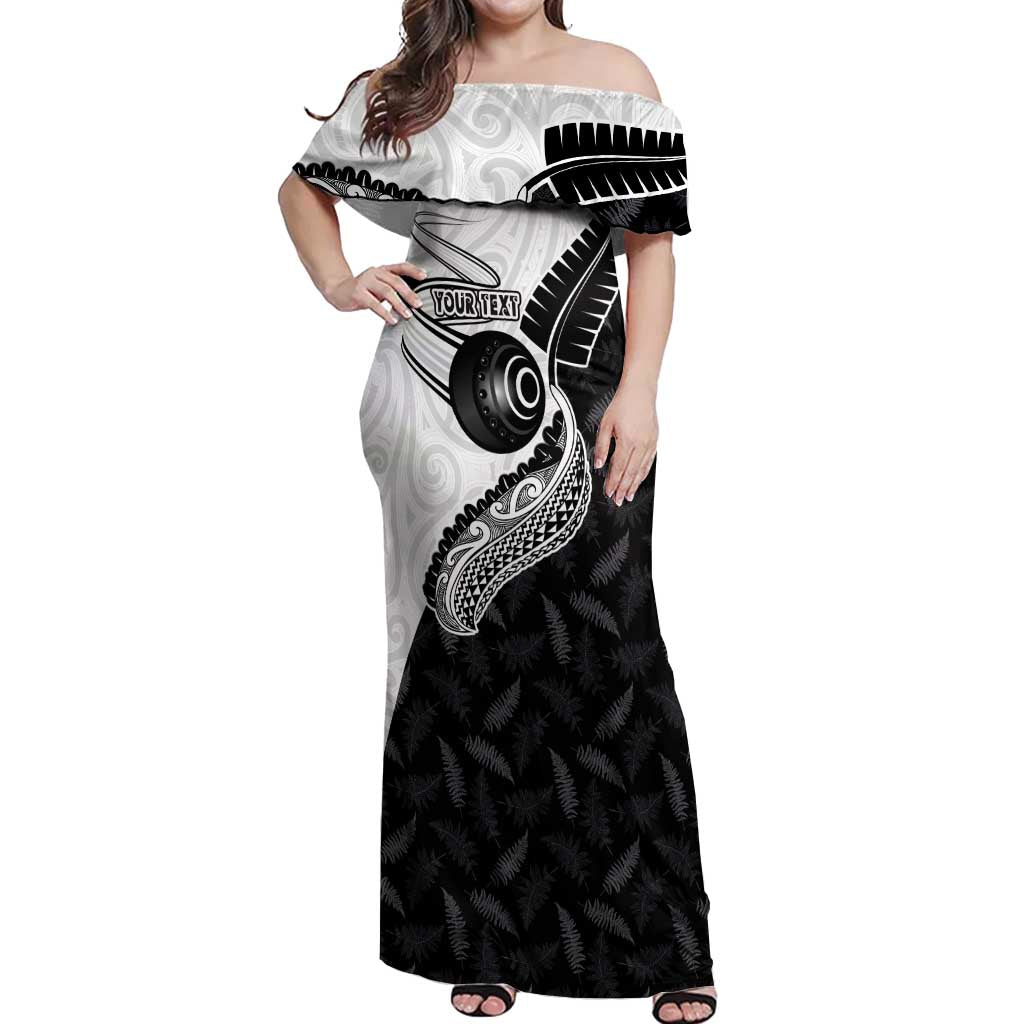 Personalised Aotearoa Lawn Bowls Off Shoulder Maxi Dress Maori and Silver Fern Half Style - Polynesian Pride