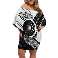 Personalised Aotearoa Lawn Bowls Off Shoulder Short Dress Maori and Silver Fern Half Style - Polynesian Pride
