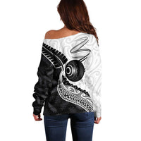 Personalised Aotearoa Lawn Bowls Off Shoulder Sweater Maori and Silver Fern Half Style - Polynesian Pride