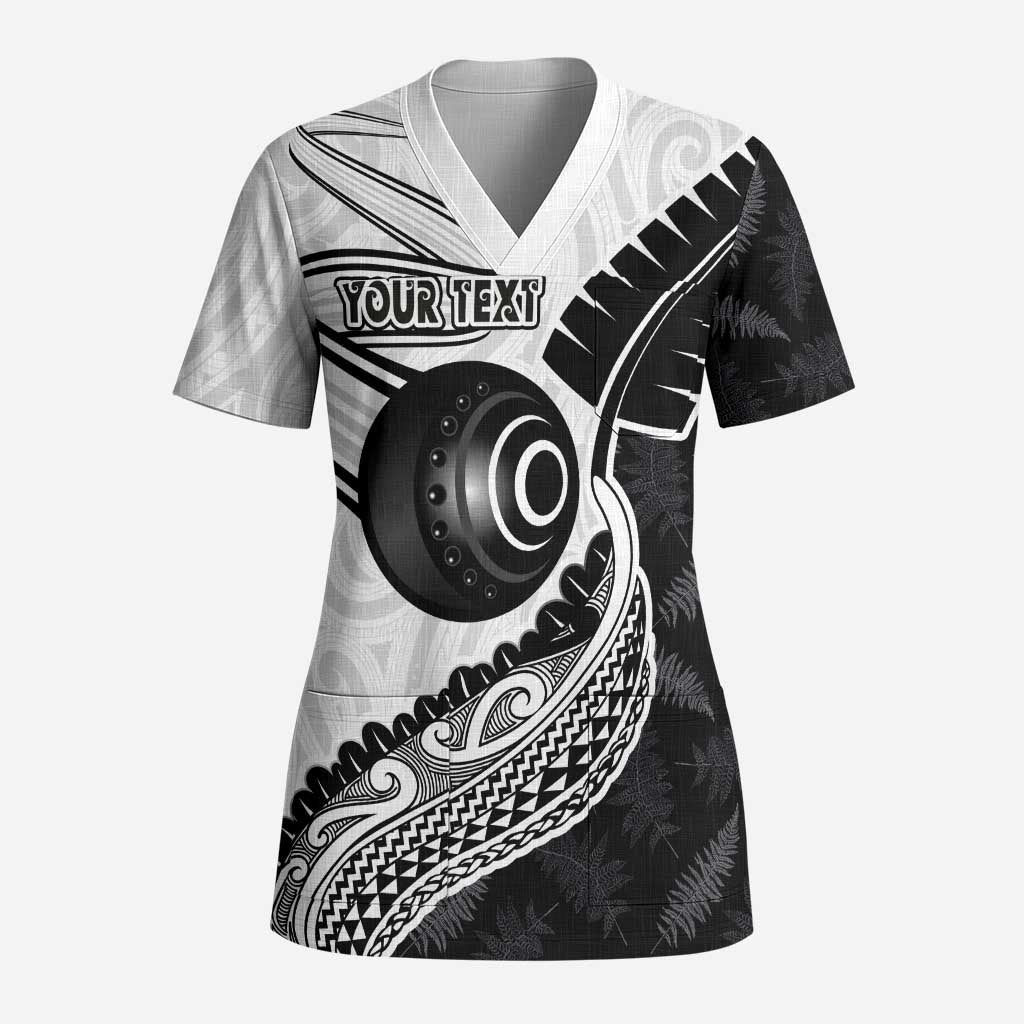 Personalised Aotearoa Lawn Bowls Scrub Top Maori and Silver Fern Half Style - Polynesian Pride