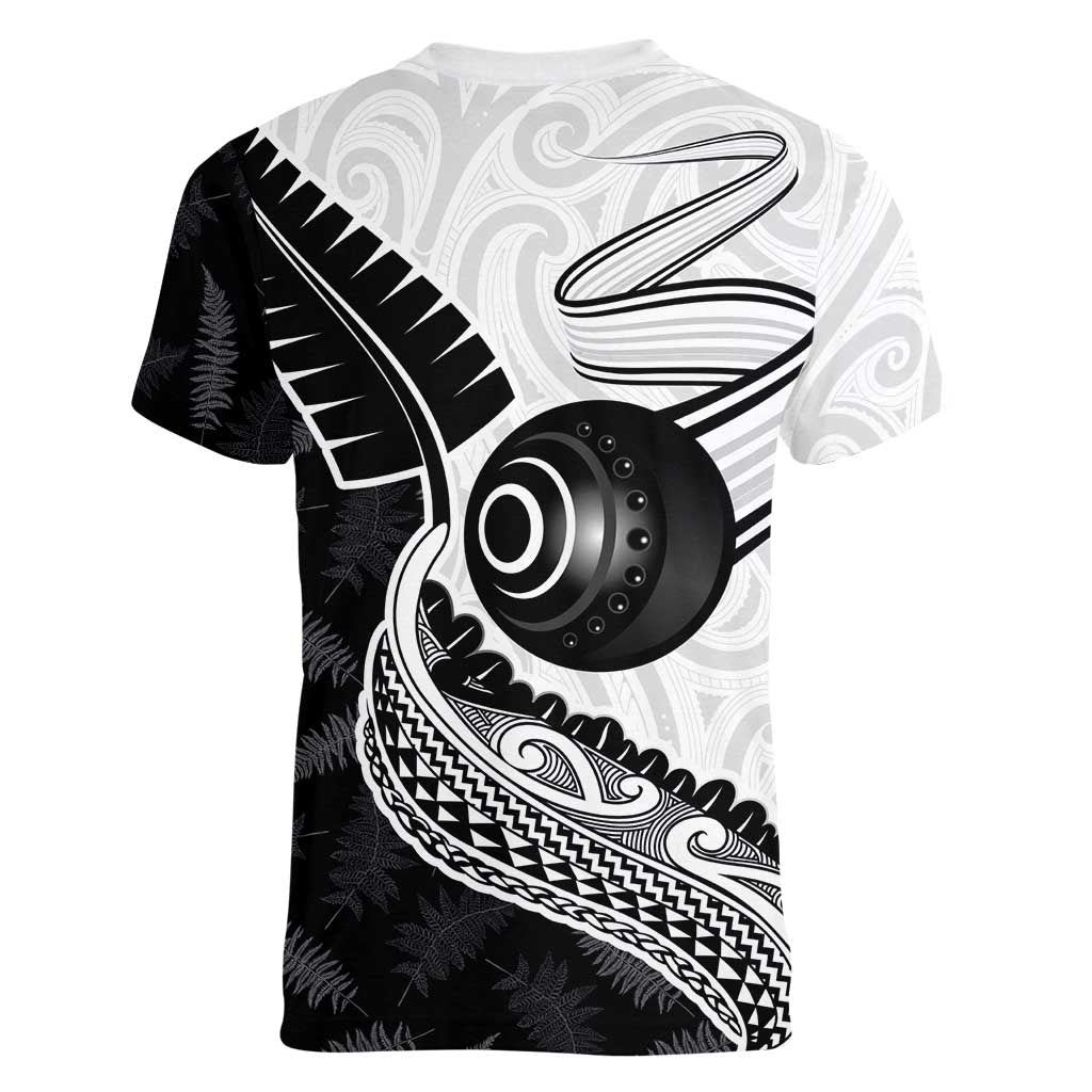 Personalised Aotearoa Lawn Bowls Women V-Neck T-Shirt Maori and Silver Fern Half Style - Polynesian Pride