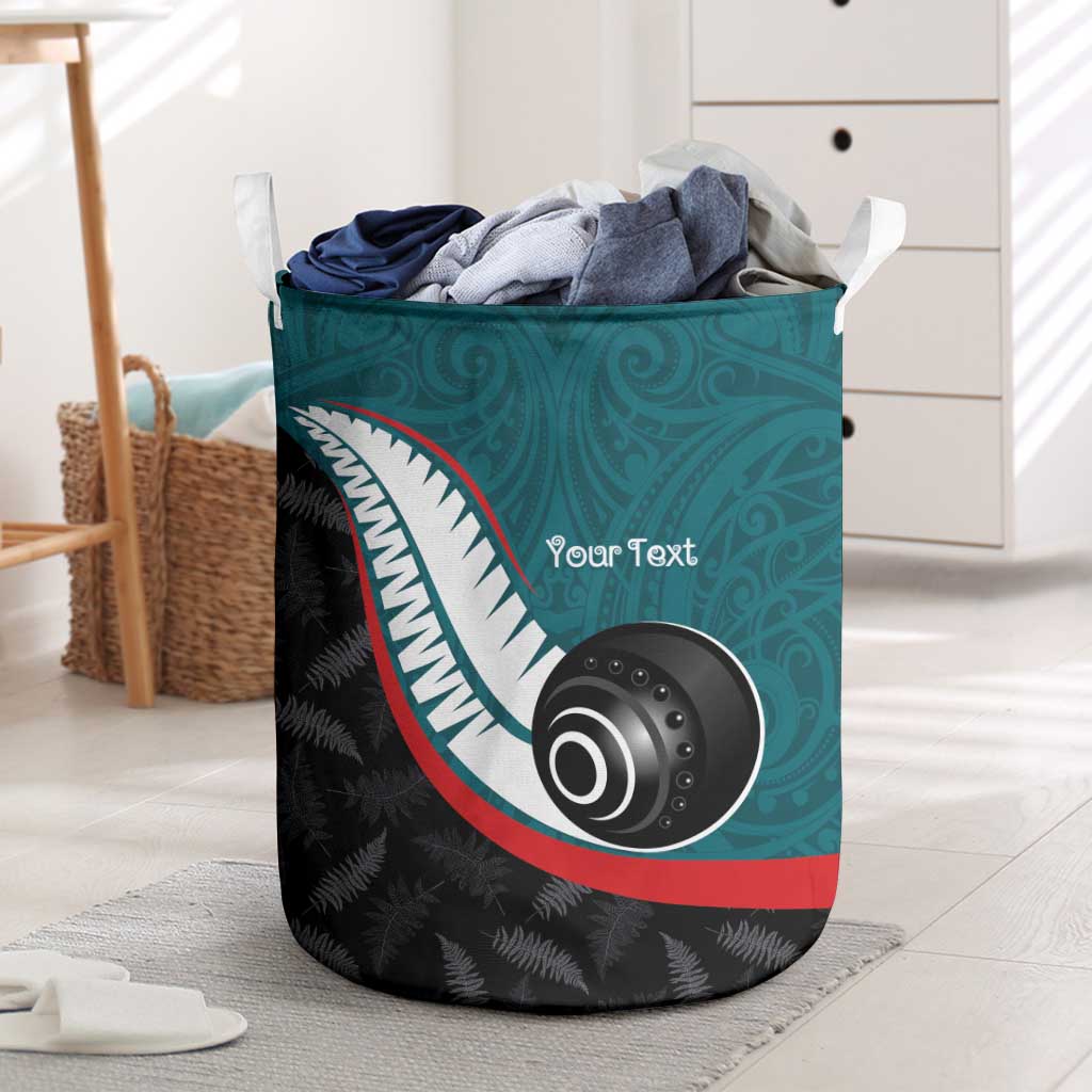 Personalised Aotearoa Lawn Bowls Laundry Basket Maori and Silver Fern Sporty Style Teal Color - Polynesian Pride