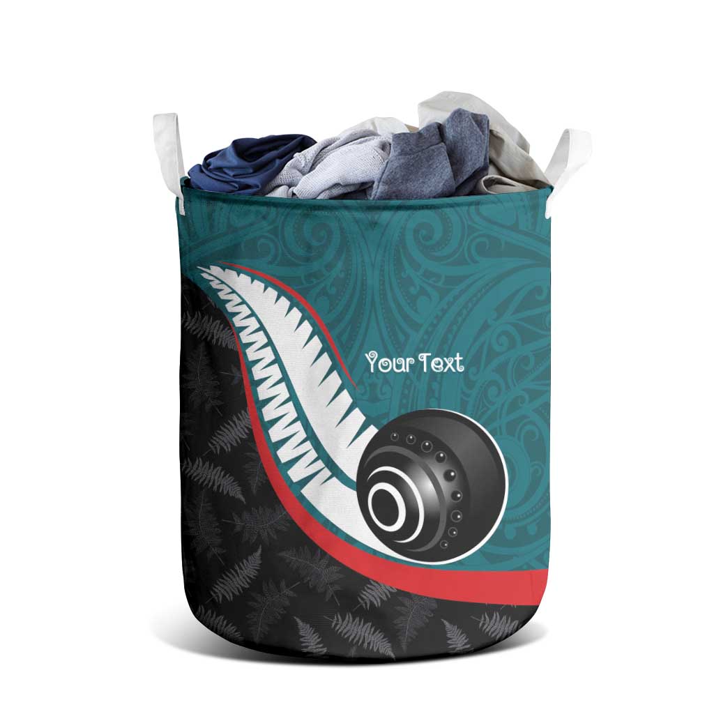 Personalised Aotearoa Lawn Bowls Laundry Basket Maori and Silver Fern Sporty Style Teal Color - Polynesian Pride