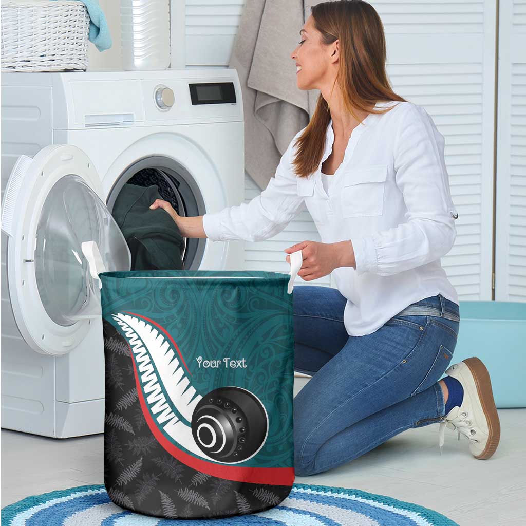 Personalised Aotearoa Lawn Bowls Laundry Basket Maori and Silver Fern Sporty Style Teal Color - Polynesian Pride