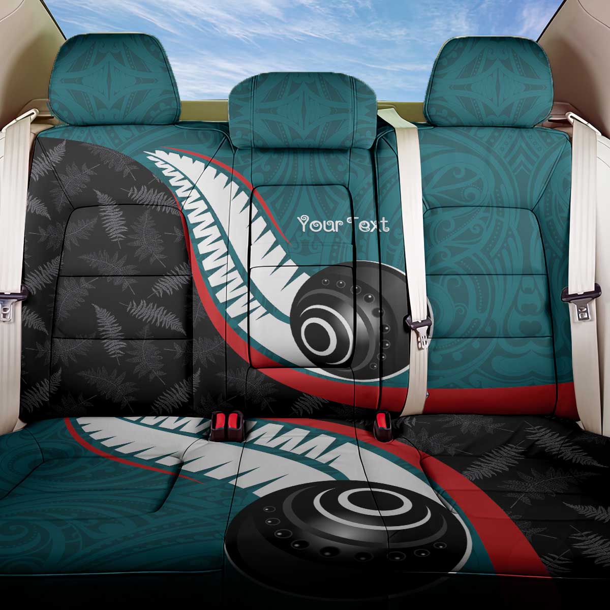 Personalised Aotearoa Lawn Bowls Back Car Seat Cover Maori and Silver Fern Sporty Style Teal Color - Polynesian Pride