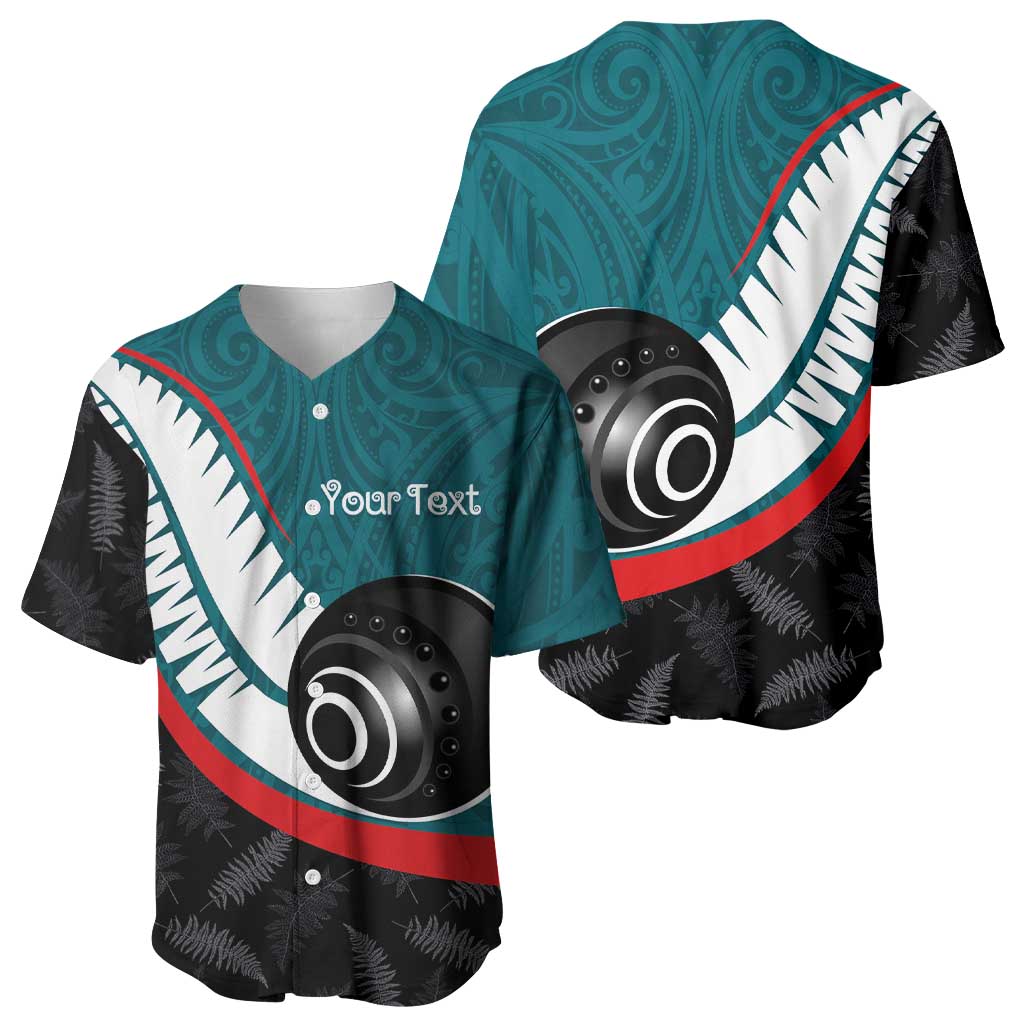 Personalised Aotearoa Lawn Bowls Baseball Jersey Maori and Silver Fern Sporty Style Teal Color - Polynesian Pride