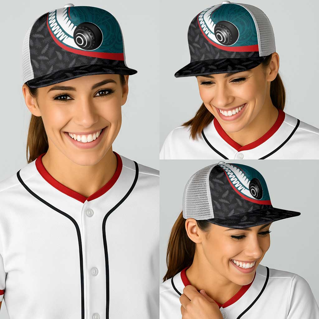 Aotearoa Lawn Bowls Baseball Net Cap Maori and Silver Fern Sporty Style Teal Color - Polynesian Pride