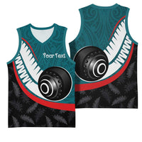 Personalised Aotearoa Lawn Bowls Basketball Jersey Maori and Silver Fern Sporty Style Teal Color - Polynesian Pride