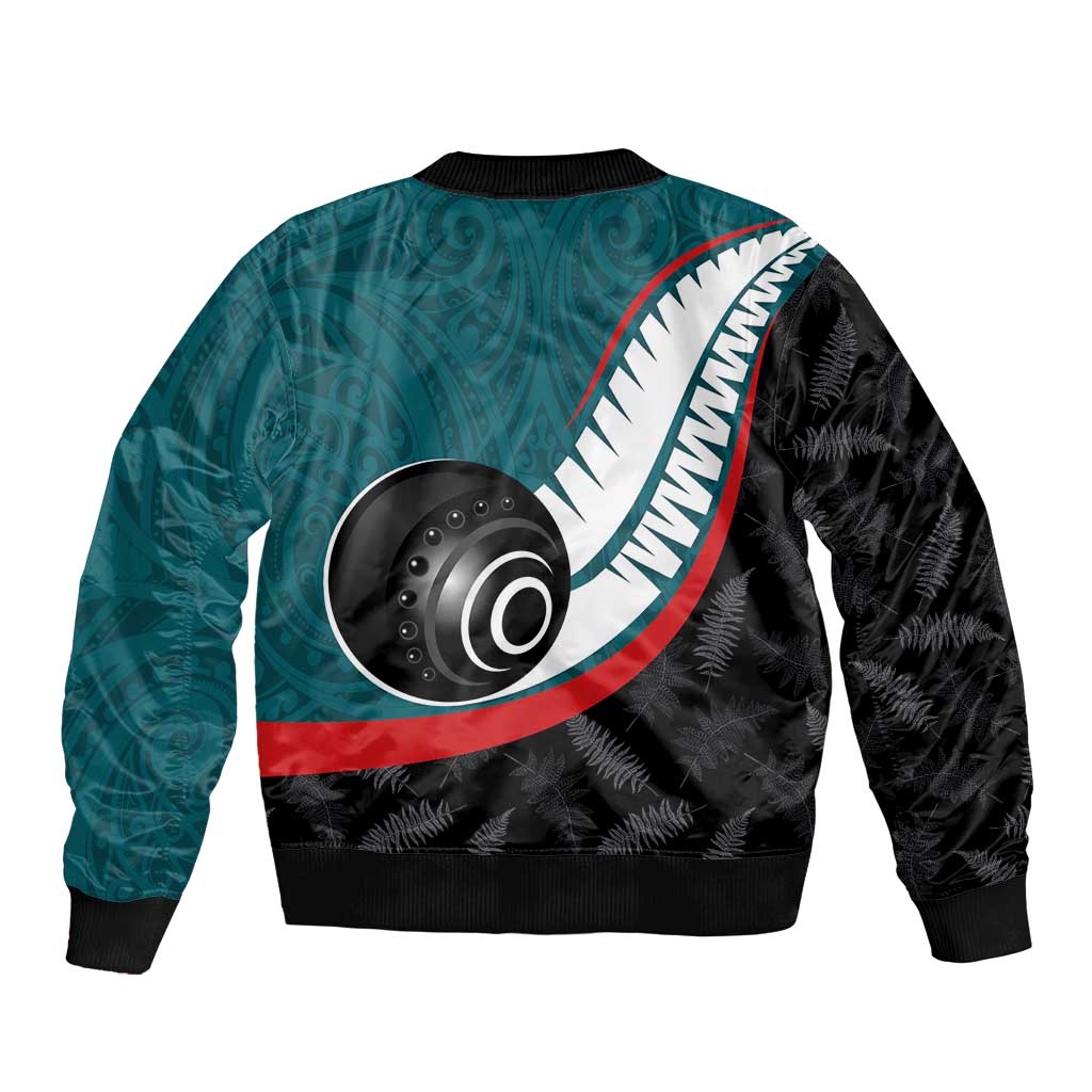 Personalised Aotearoa Lawn Bowls Bomber Jacket Maori and Silver Fern Sporty Style Teal Color - Polynesian Pride