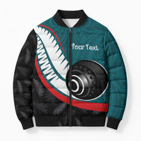 Personalised Aotearoa Lawn Bowls Bomber Puffer Jacket Maori and Silver Fern Sporty Style Teal Color - Polynesian Pride