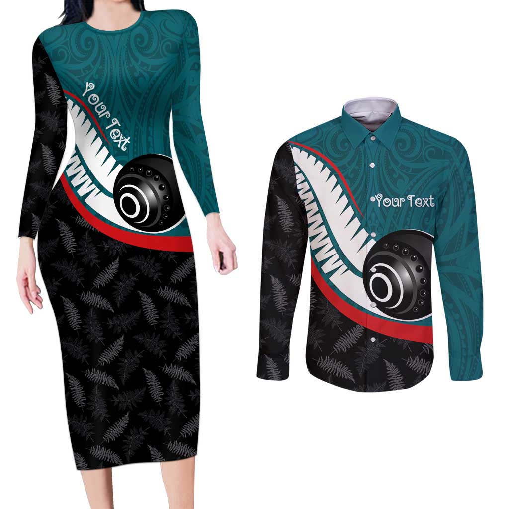Personalised Aotearoa Lawn Bowls Couples Matching Long Sleeve Bodycon Dress and Long Sleeve Button Shirt Maori and Silver Fern Sporty Style Teal Color - Polynesian Pride
