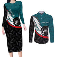 Personalised Aotearoa Lawn Bowls Couples Matching Long Sleeve Bodycon Dress and Long Sleeve Button Shirt Maori and Silver Fern Sporty Style Teal Color - Polynesian Pride