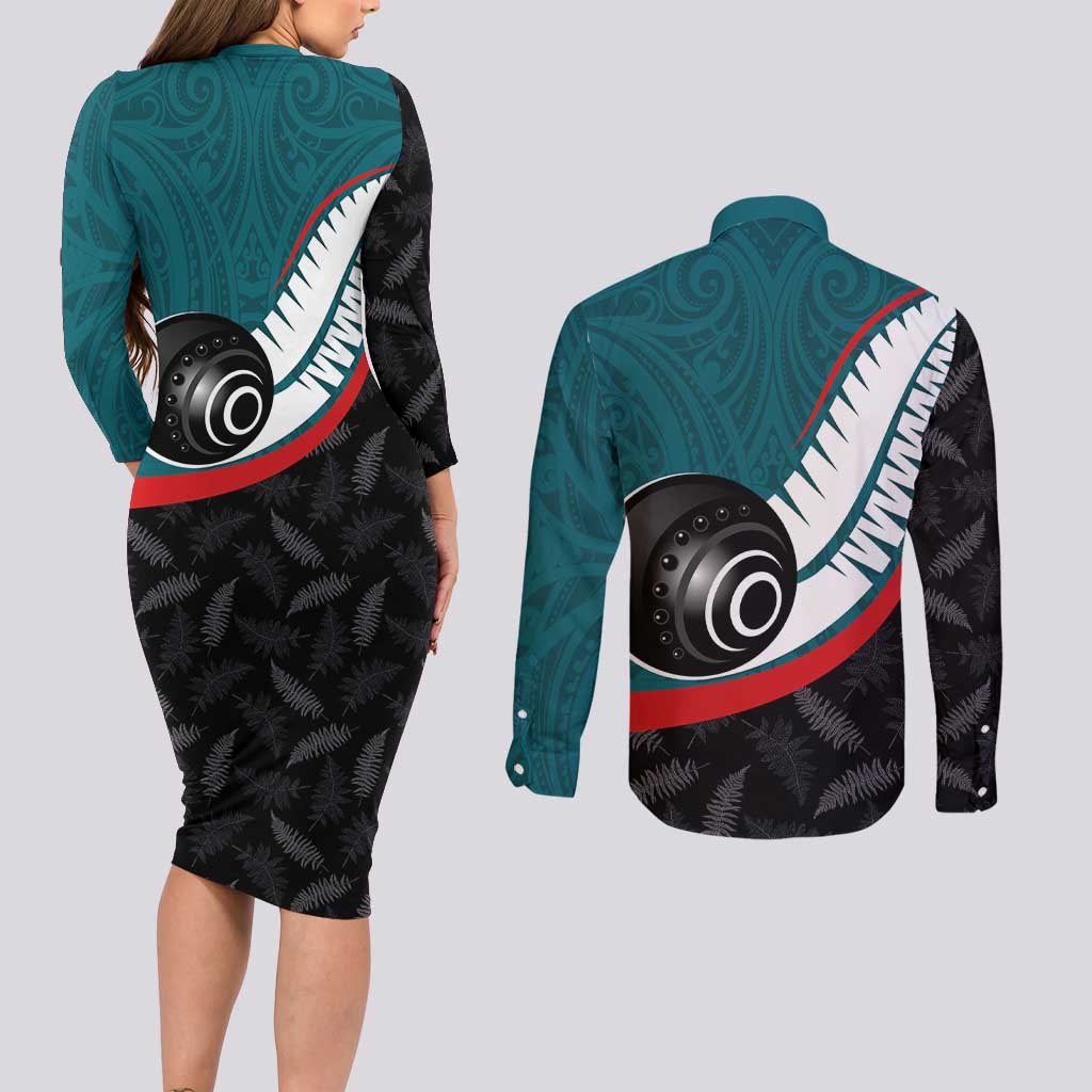 Personalised Aotearoa Lawn Bowls Couples Matching Long Sleeve Bodycon Dress and Long Sleeve Button Shirt Maori and Silver Fern Sporty Style Teal Color - Polynesian Pride
