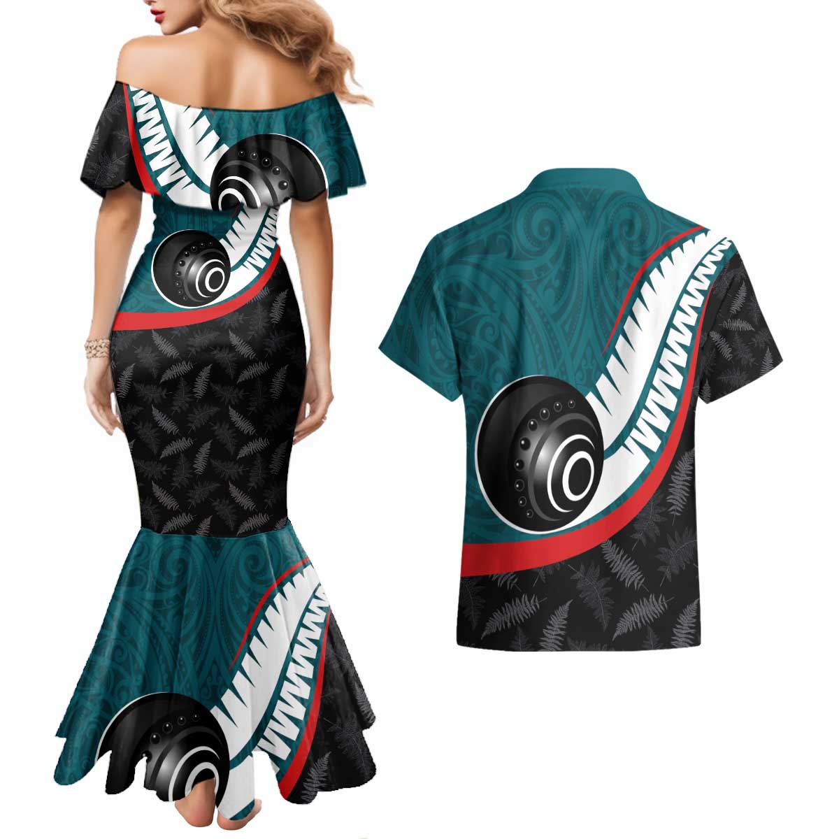 Personalised Aotearoa Lawn Bowls Couples Matching Mermaid Dress and Hawaiian Shirt Maori and Silver Fern Sporty Style Teal Color - Polynesian Pride