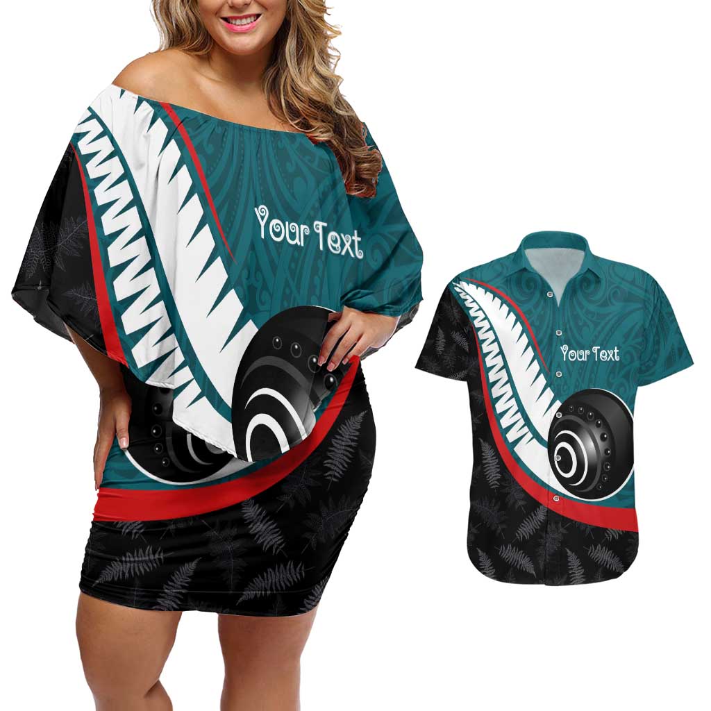 Personalised Aotearoa Lawn Bowls Couples Matching Off Shoulder Short Dress and Hawaiian Shirt Maori and Silver Fern Sporty Style Teal Color - Polynesian Pride