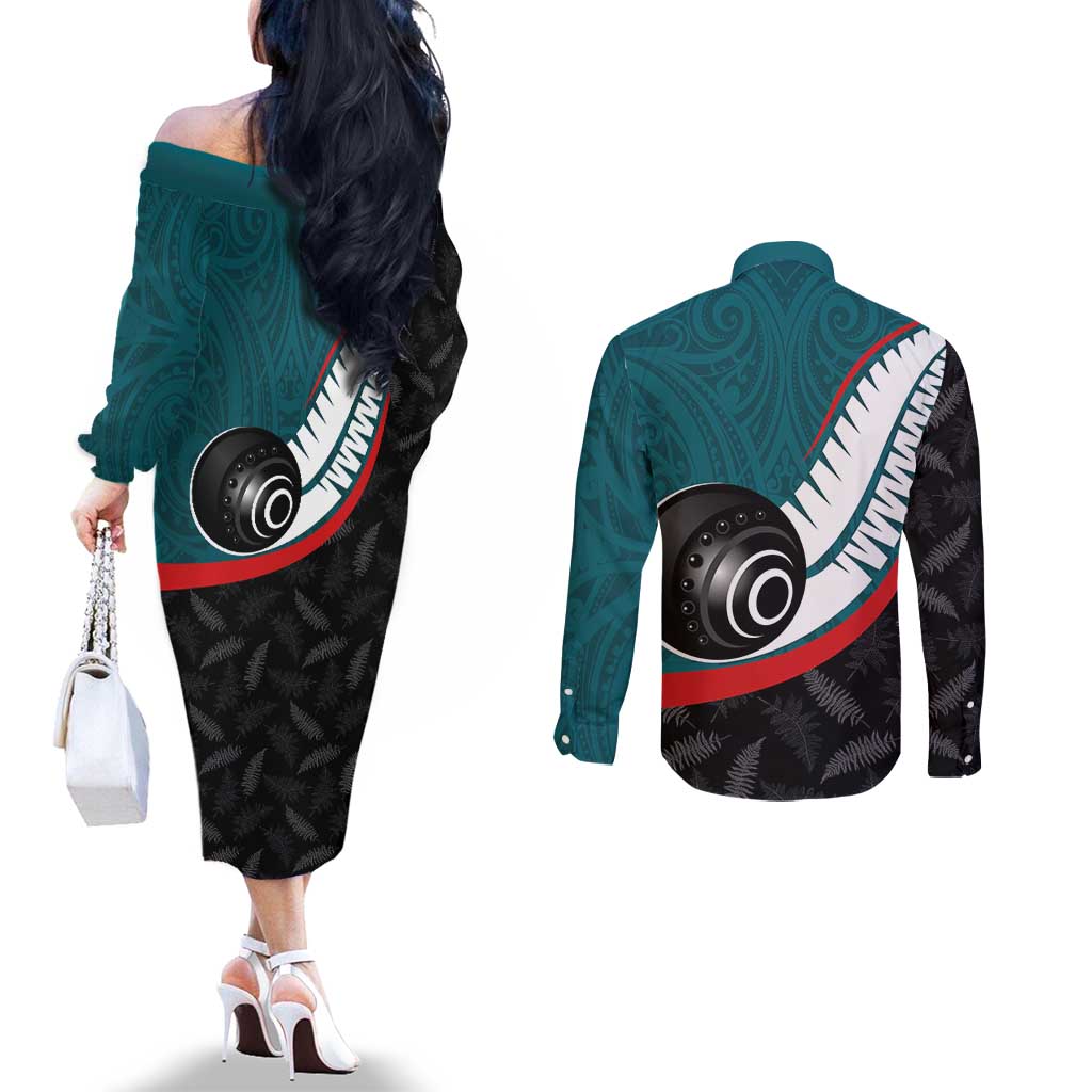 Personalised Aotearoa Lawn Bowls Couples Matching Off The Shoulder Long Sleeve Dress and Long Sleeve Button Shirt Maori and Silver Fern Sporty Style Teal Color - Polynesian Pride