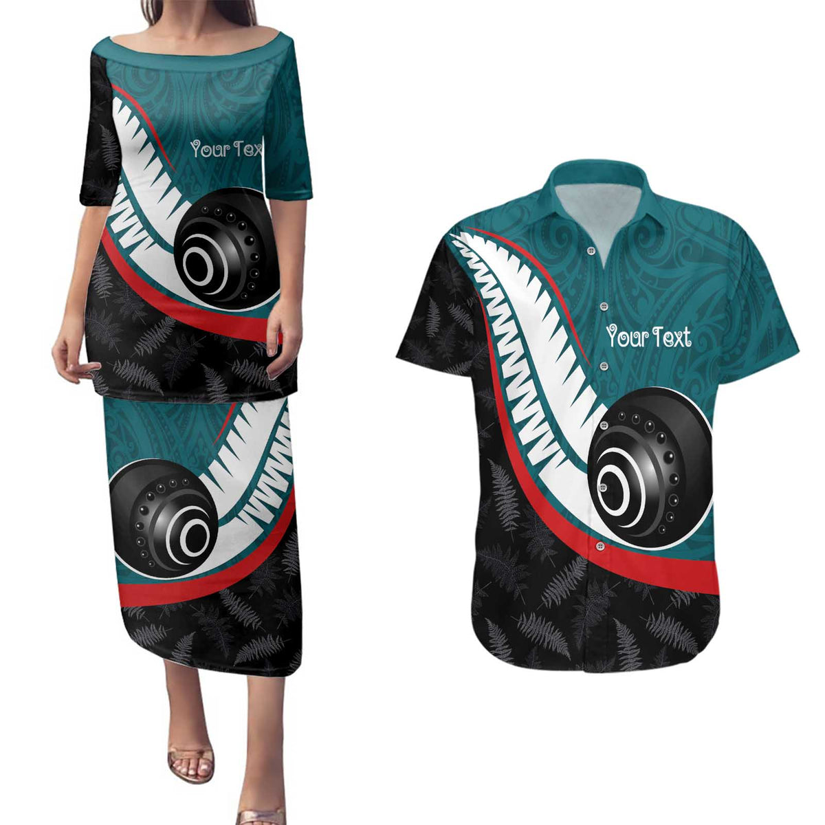 Personalised Aotearoa Lawn Bowls Couples Matching Puletasi and Hawaiian Shirt Maori and Silver Fern Sporty Style Teal Color - Polynesian Pride