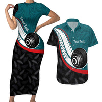 Personalised Aotearoa Lawn Bowls Couples Matching Short Sleeve Bodycon Dress and Hawaiian Shirt Maori and Silver Fern Sporty Style Teal Color - Polynesian Pride