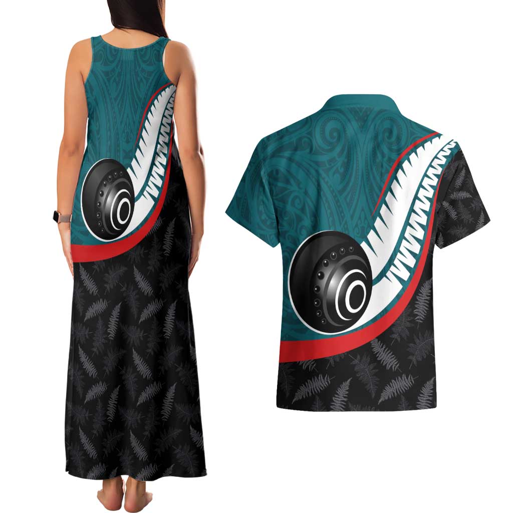 Personalised Aotearoa Lawn Bowls Couples Matching Tank Maxi Dress and Hawaiian Shirt Maori and Silver Fern Sporty Style Teal Color - Polynesian Pride