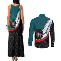 Personalised Aotearoa Lawn Bowls Couples Matching Tank Maxi Dress and Long Sleeve Button Shirt Maori and Silver Fern Sporty Style Teal Color - Polynesian Pride