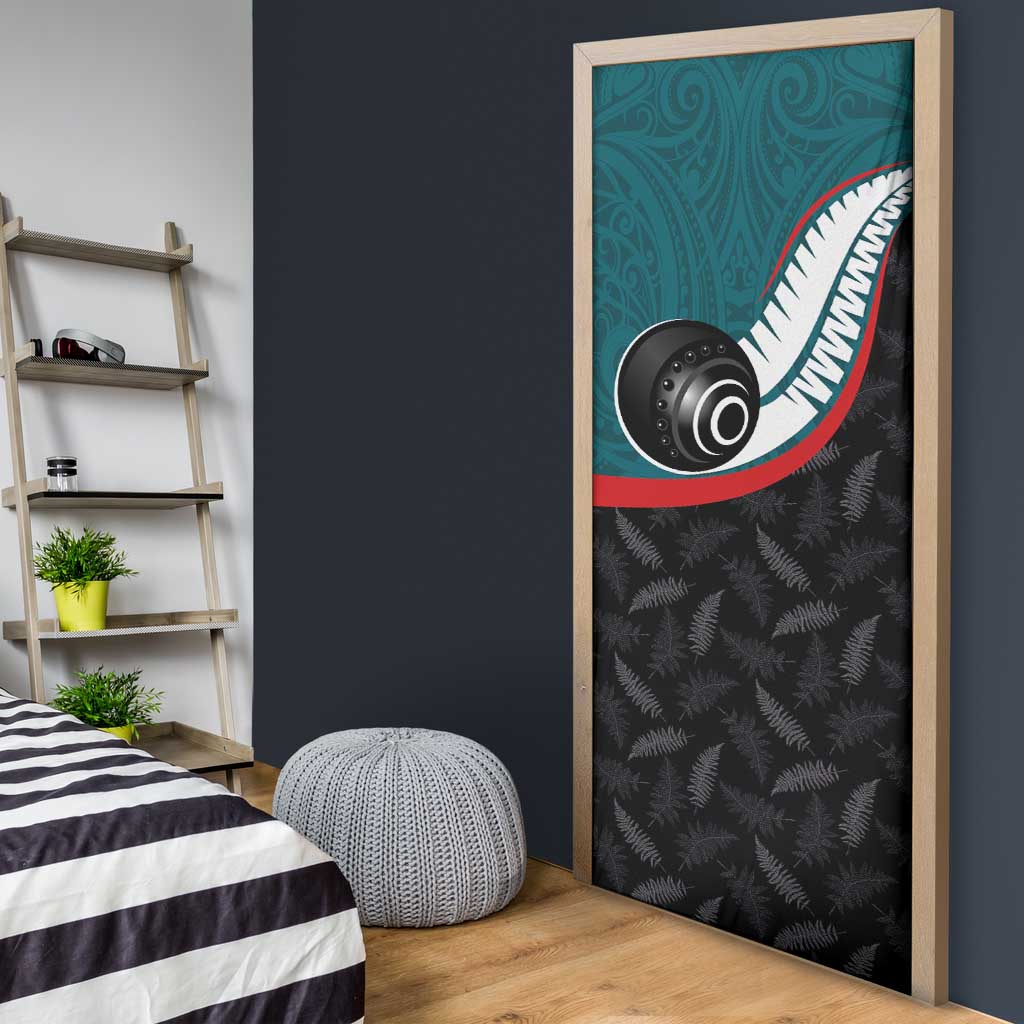 Aotearoa Lawn Bowls Door Cover Maori and Silver Fern Sporty Style Teal Color - Polynesian Pride