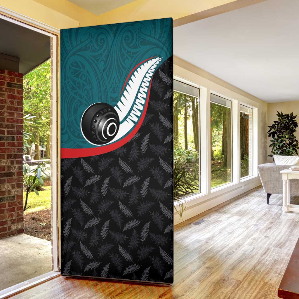 Aotearoa Lawn Bowls Door Cover Maori and Silver Fern Sporty Style Teal Color - Polynesian Pride