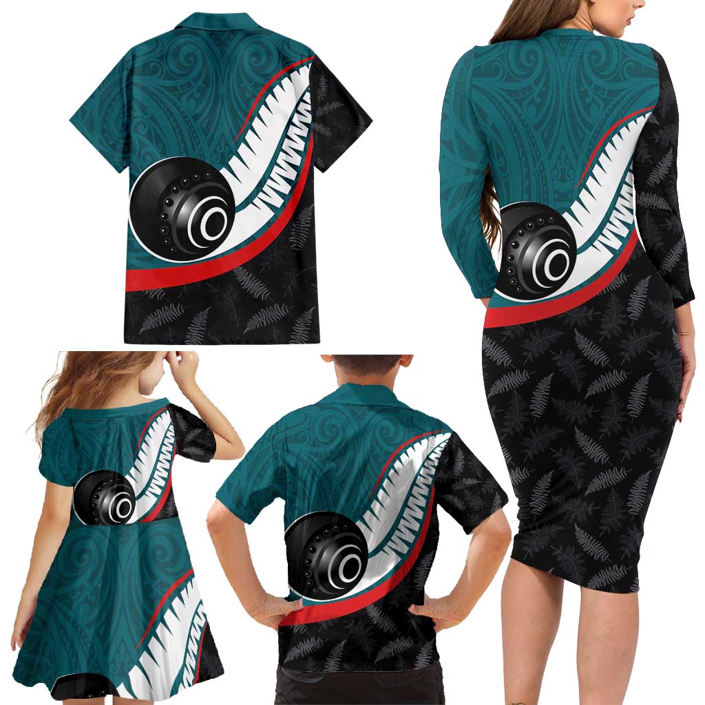 Personalised Aotearoa Lawn Bowls Family Matching Long Sleeve Bodycon Dress and Hawaiian Shirt Maori and Silver Fern Sporty Style Teal Color - Polynesian Pride