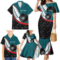 Personalised Aotearoa Lawn Bowls Family Matching Mermaid Dress and Hawaiian Shirt Maori and Silver Fern Sporty Style Teal Color - Polynesian Pride