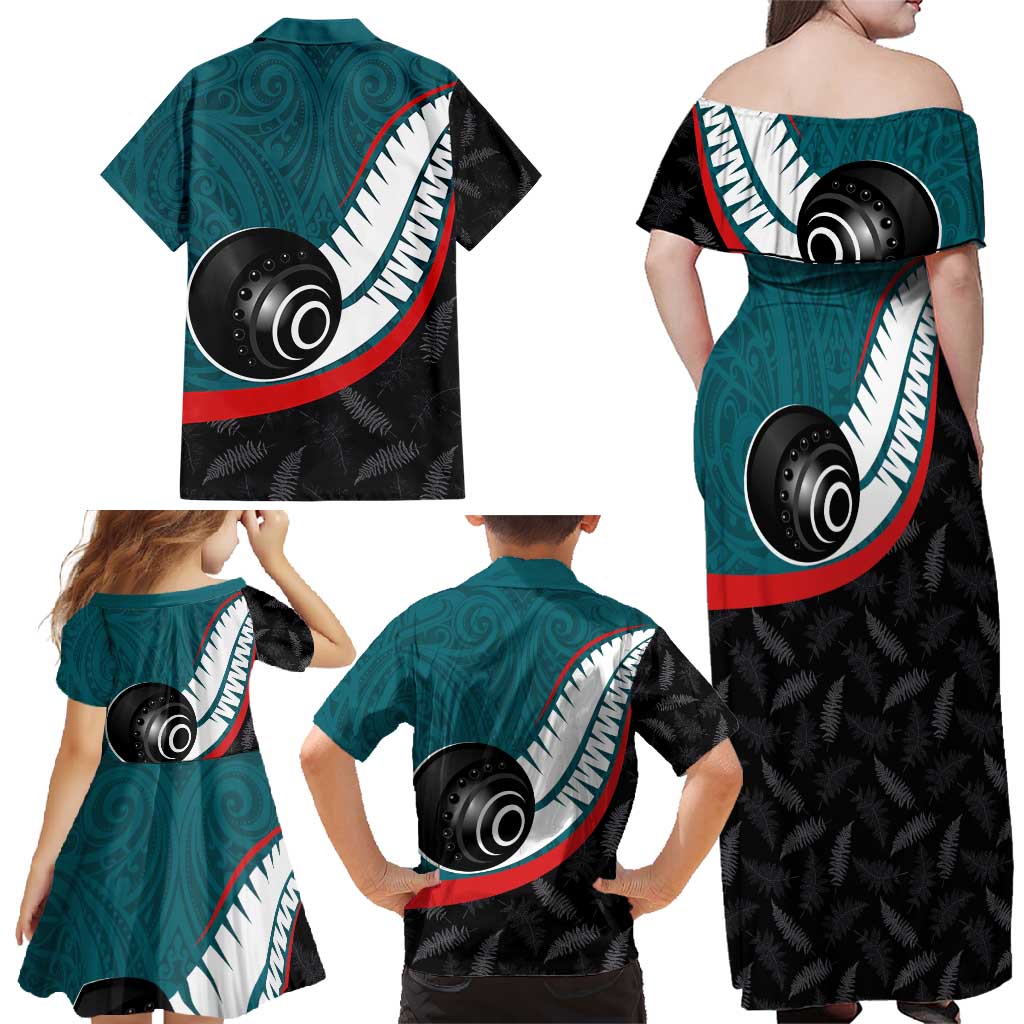 Personalised Aotearoa Lawn Bowls Family Matching Off Shoulder Maxi Dress and Hawaiian Shirt Maori and Silver Fern Sporty Style Teal Color - Polynesian Pride