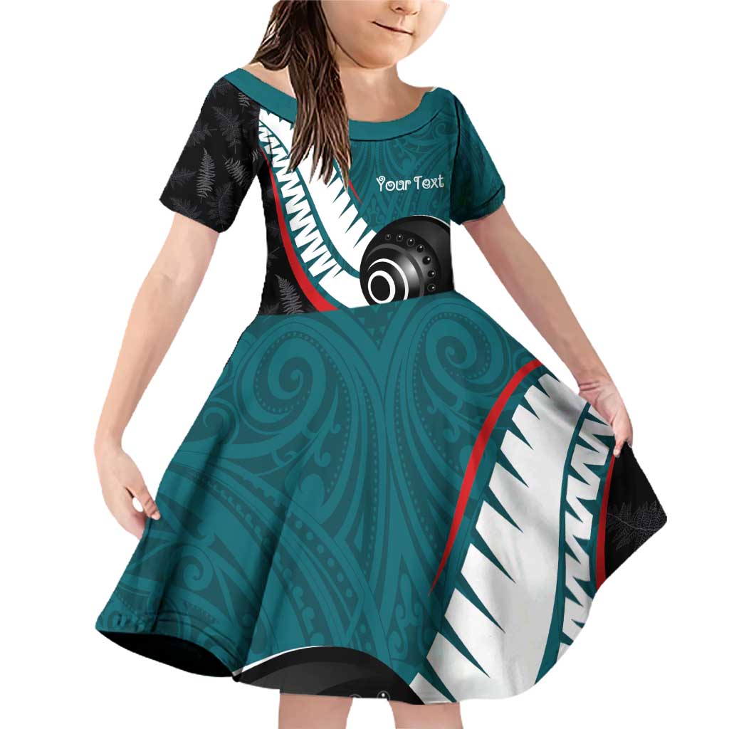 Personalised Aotearoa Lawn Bowls Family Matching Off Shoulder Short Dress and Hawaiian Shirt Maori and Silver Fern Sporty Style Teal Color - Polynesian Pride