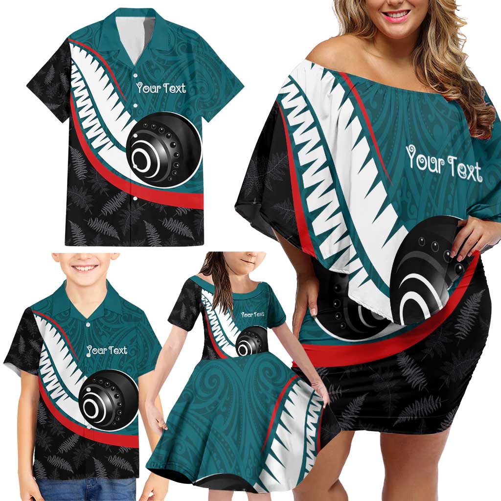 Personalised Aotearoa Lawn Bowls Family Matching Off Shoulder Short Dress and Hawaiian Shirt Maori and Silver Fern Sporty Style Teal Color LT03 - Polynesian Pride