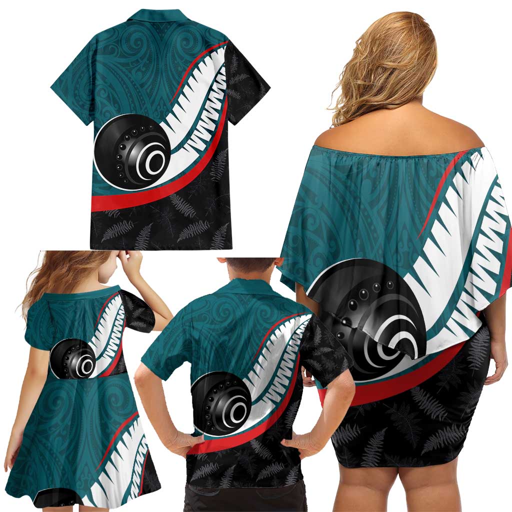 Personalised Aotearoa Lawn Bowls Family Matching Off Shoulder Short Dress and Hawaiian Shirt Maori and Silver Fern Sporty Style Teal Color - Polynesian Pride