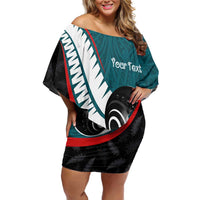 Personalised Aotearoa Lawn Bowls Family Matching Off Shoulder Short Dress and Hawaiian Shirt Maori and Silver Fern Sporty Style Teal Color - Polynesian Pride