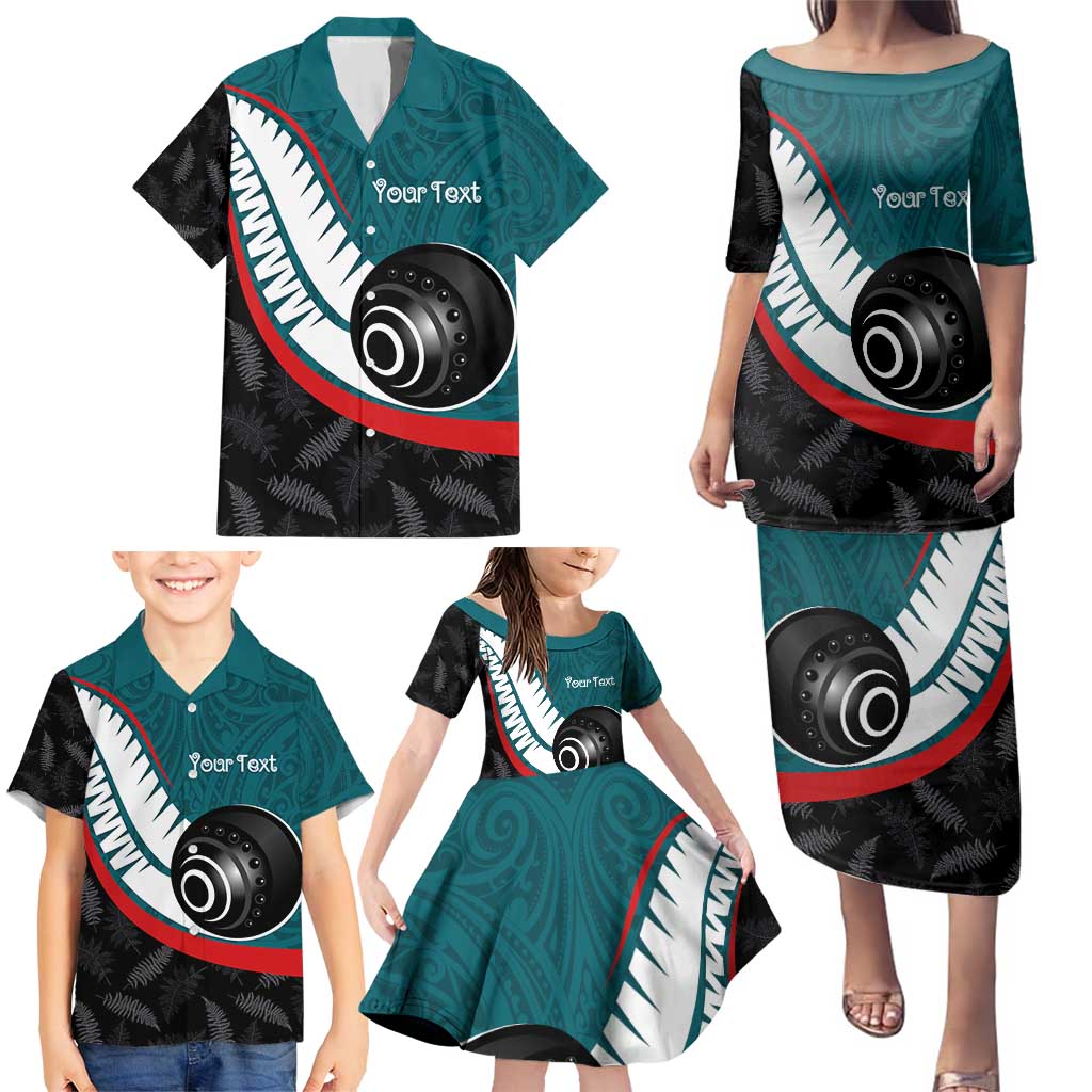 Personalised Aotearoa Lawn Bowls Family Matching Puletasi and Hawaiian Shirt Maori and Silver Fern Sporty Style Teal Color - Polynesian Pride