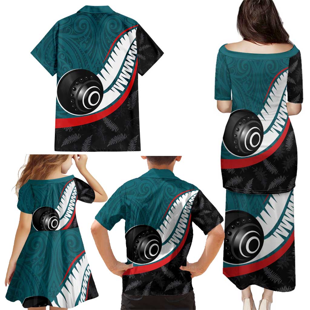 Personalised Aotearoa Lawn Bowls Family Matching Puletasi and Hawaiian Shirt Maori and Silver Fern Sporty Style Teal Color - Polynesian Pride