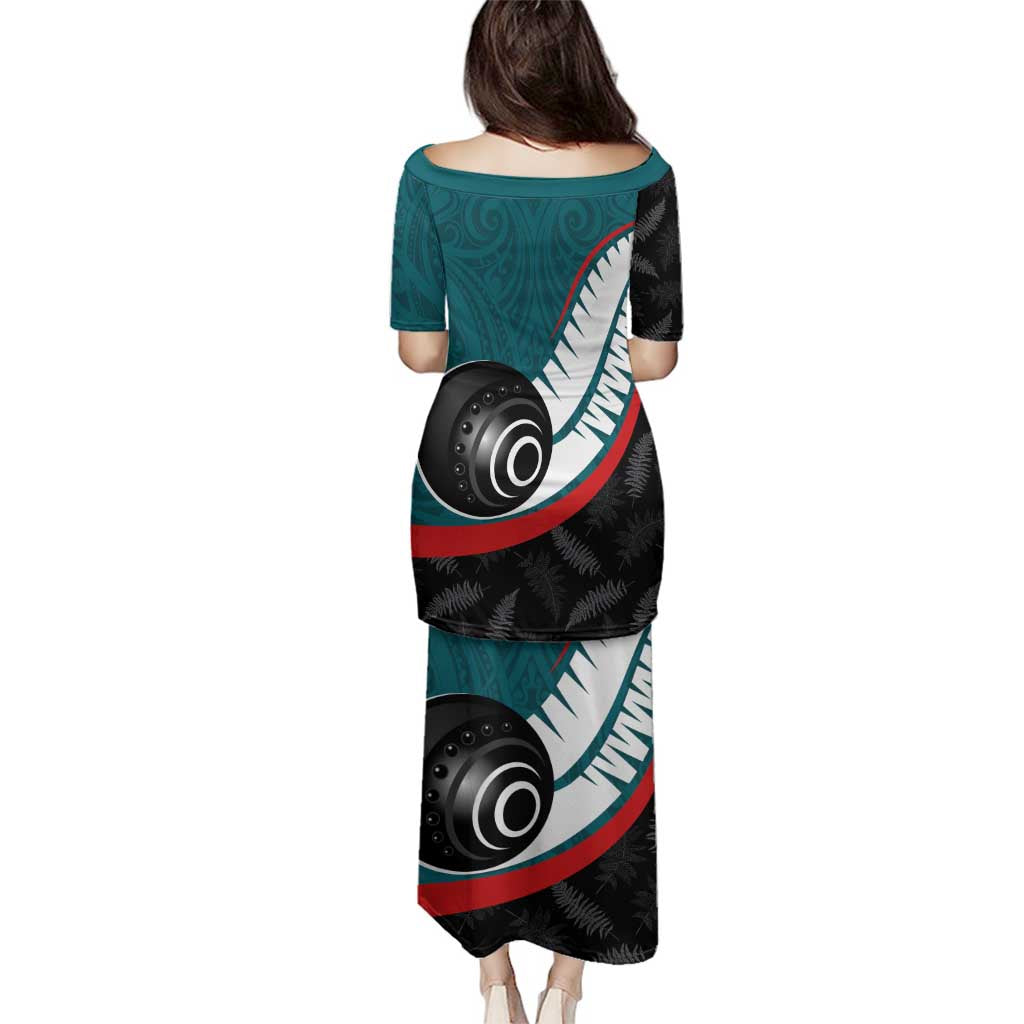 Personalised Aotearoa Lawn Bowls Family Matching Puletasi and Hawaiian Shirt Maori and Silver Fern Sporty Style Teal Color - Polynesian Pride