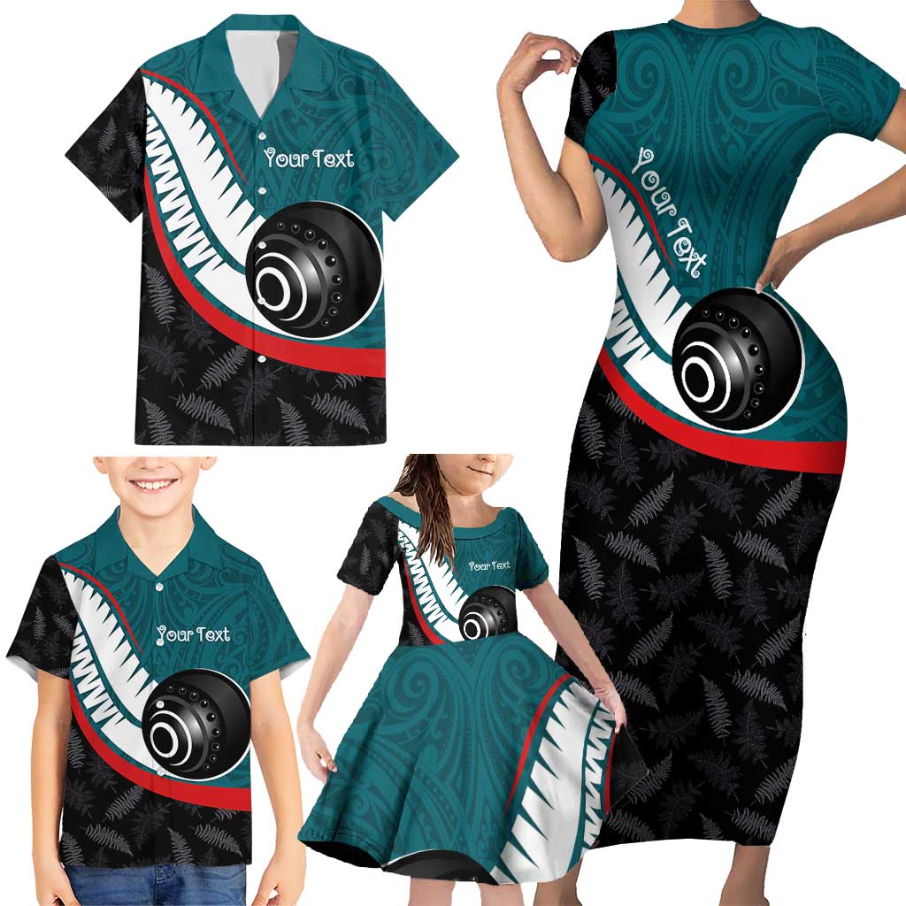 Personalised Aotearoa Lawn Bowls Family Matching Short Sleeve Bodycon Dress and Hawaiian Shirt Maori and Silver Fern Sporty Style Teal Color - Polynesian Pride