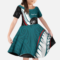 Personalised Aotearoa Lawn Bowls Family Matching Summer Maxi Dress and Hawaiian Shirt Maori and Silver Fern Sporty Style Teal Color - Polynesian Pride