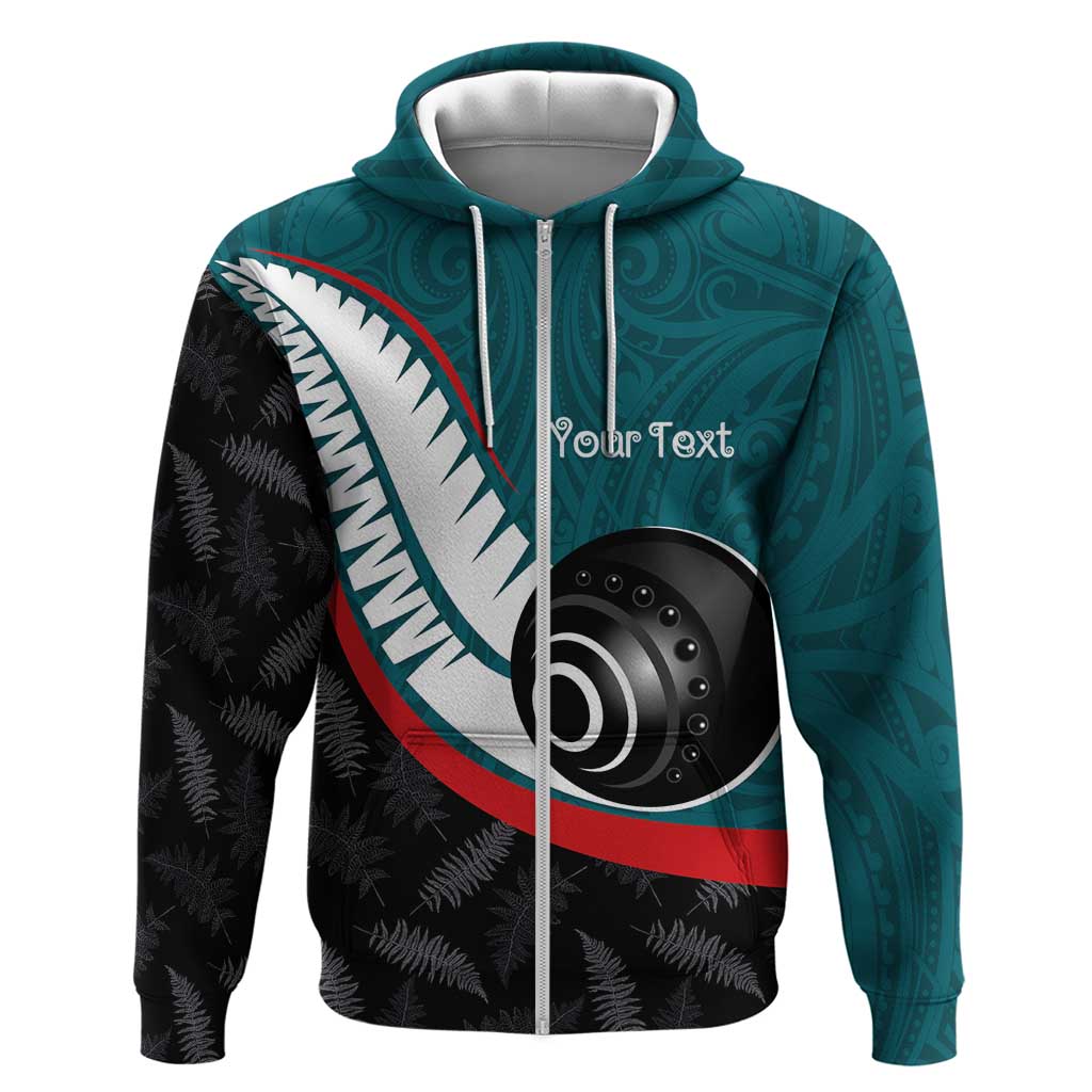 Personalised Aotearoa Lawn Bowls Hoodie Maori and Silver Fern Sporty Style Teal Color - Polynesian Pride