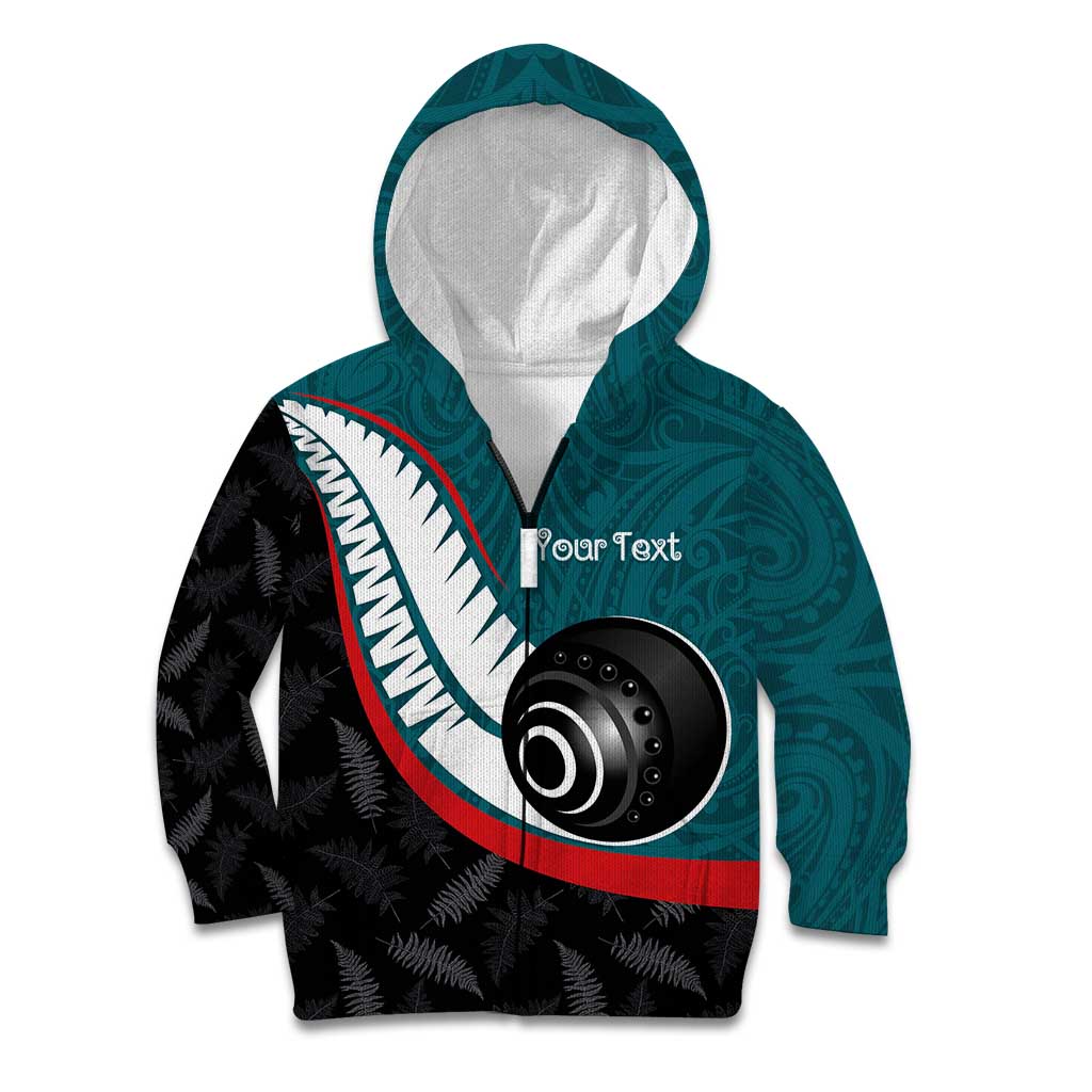 Personalised Aotearoa Lawn Bowls Kid Hoodie Maori and Silver Fern Sporty Style Teal Color - Polynesian Pride
