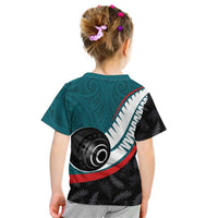 Personalised Aotearoa Lawn Bowls Kid T Shirt Maori and Silver Fern Sporty Style Teal Color - Polynesian Pride