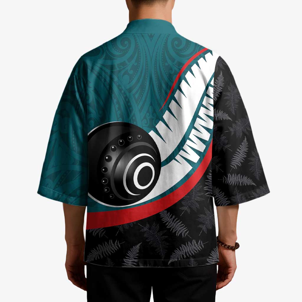 Personalised Aotearoa Lawn Bowls Kimono Maori and Silver Fern Sporty Style Teal Color - Polynesian Pride