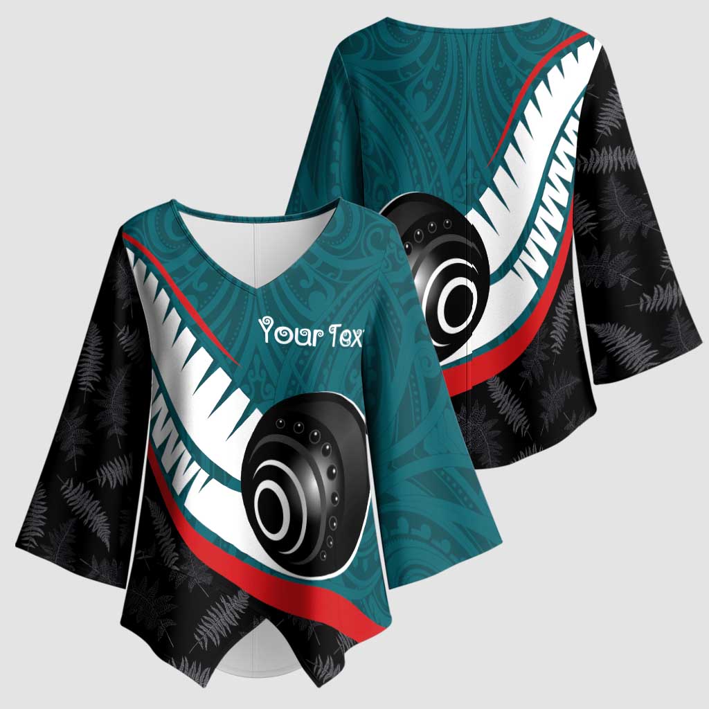 Personalised Aotearoa Lawn Bowls Kimono Sleeve Blouse Maori and Silver Fern Sporty Style Teal Color - Polynesian Pride
