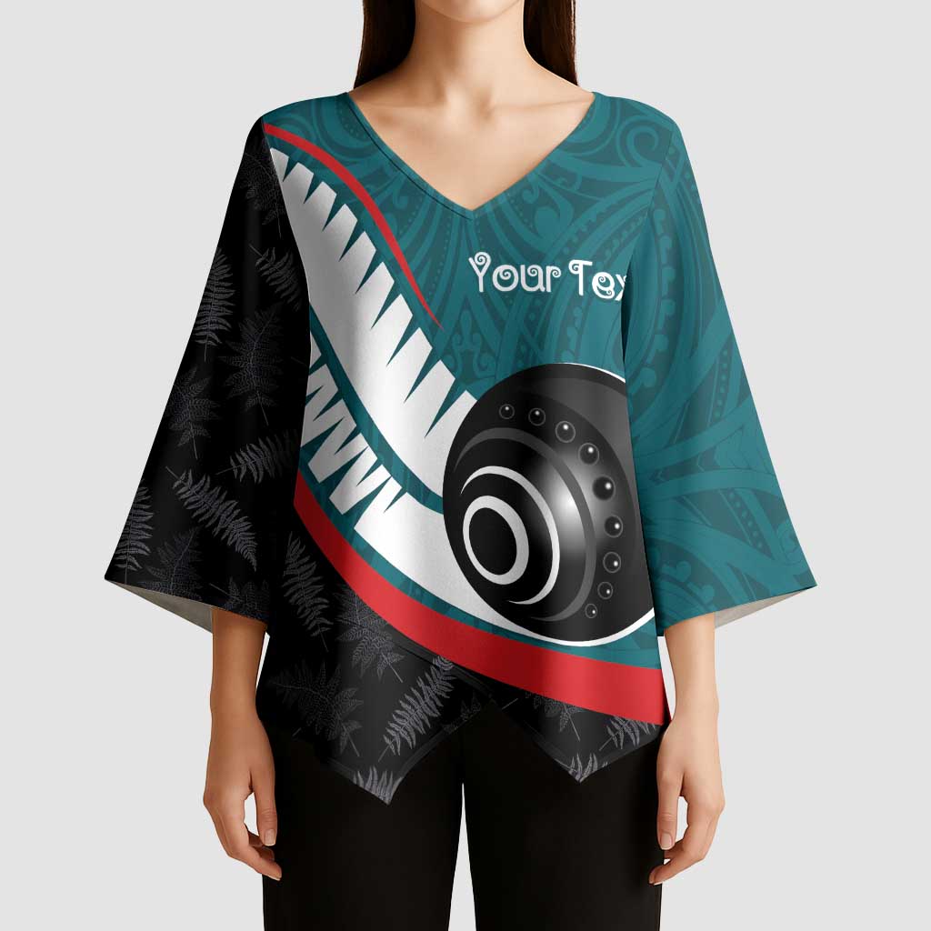 Personalised Aotearoa Lawn Bowls Kimono Sleeve Blouse Maori and Silver Fern Sporty Style Teal Color - Polynesian Pride