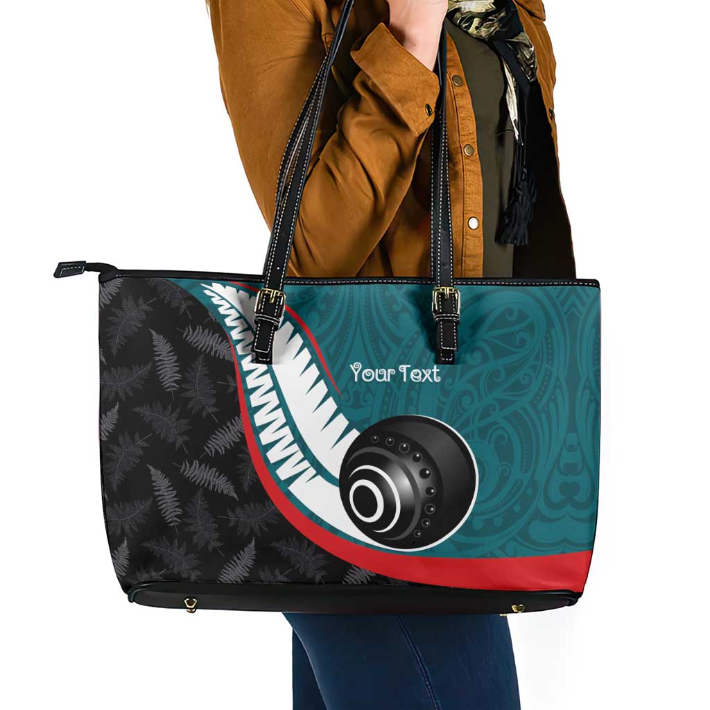 Personalised Aotearoa Lawn Bowls Leather Tote Bag Maori and Silver Fern Sporty Style Teal Color - Polynesian Pride